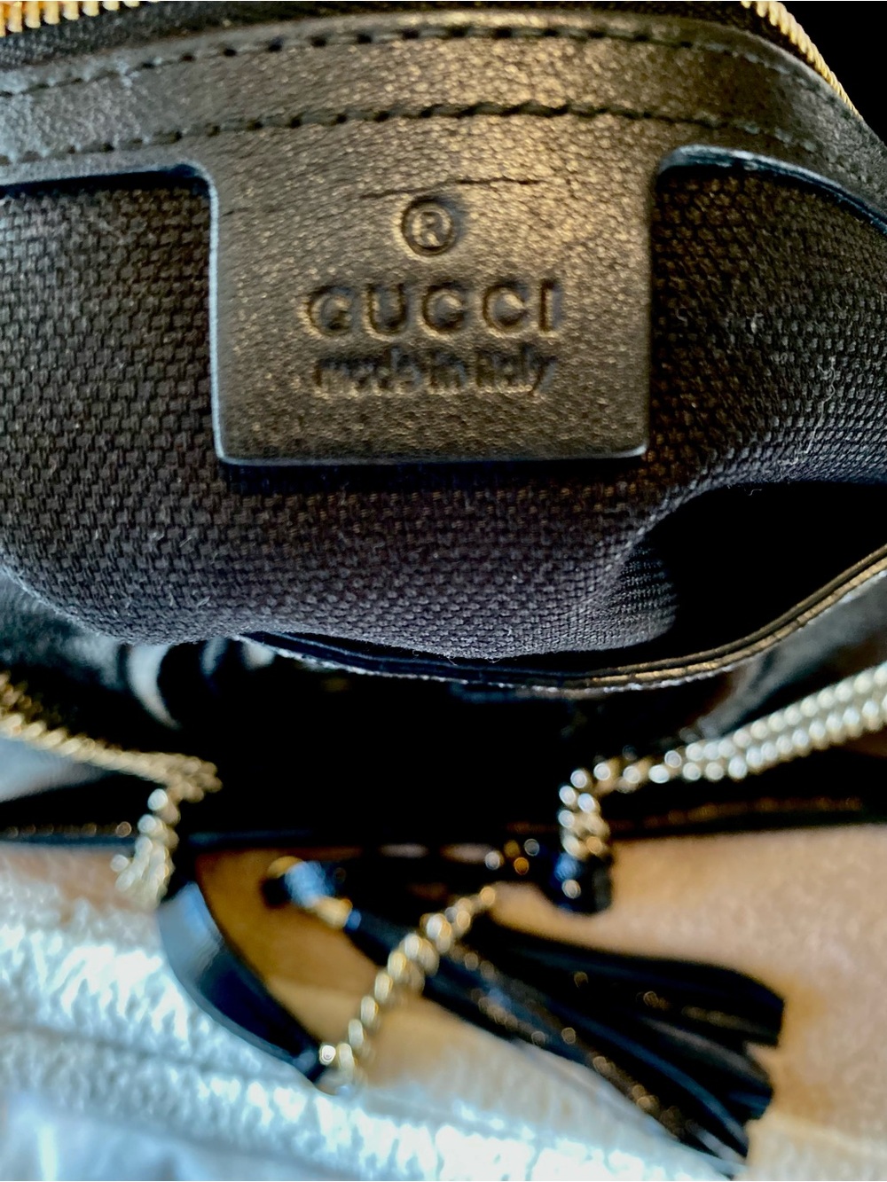 Gucci Black Patent Leather Shoulder Bag with Gold Chain Tassel - Picture 8 of 12